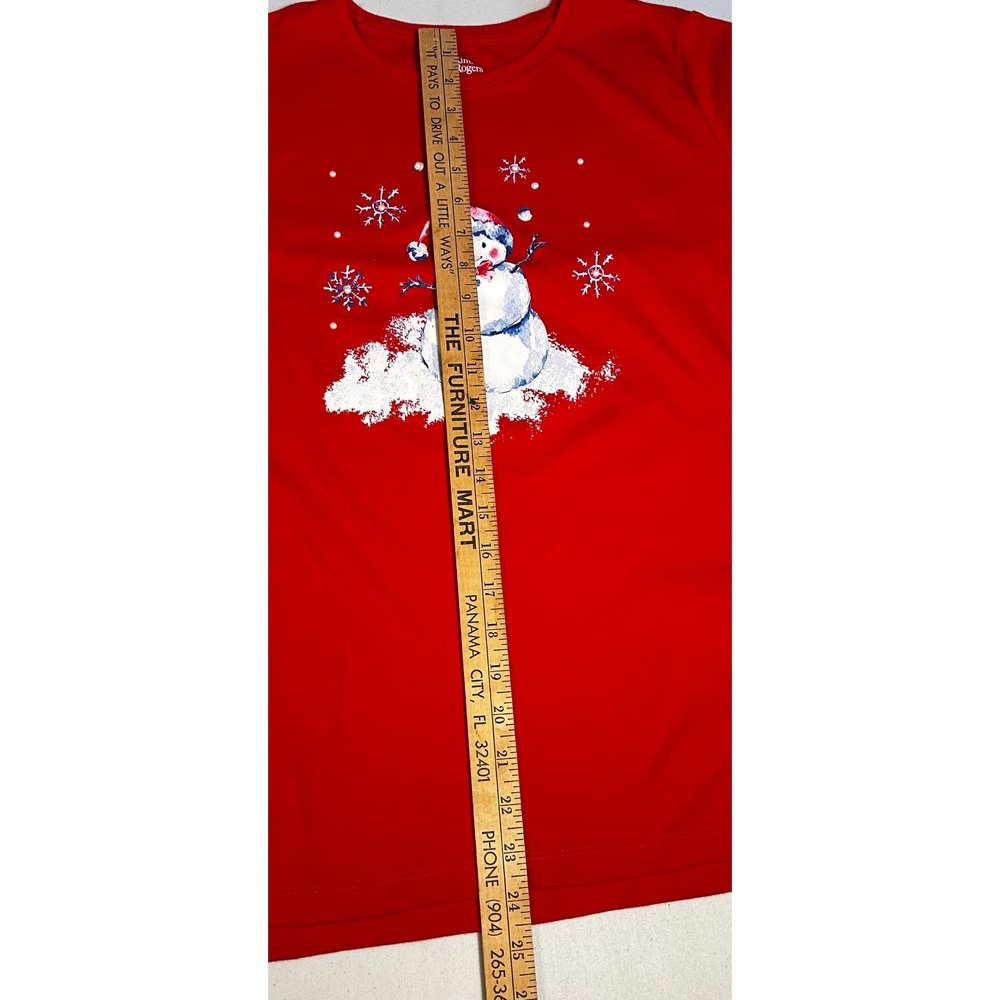 Kim Rogers Red Christmas Snowman Pearl Embellished L. Sleeve Tee Shirt Womens M - Picture 7 of 7